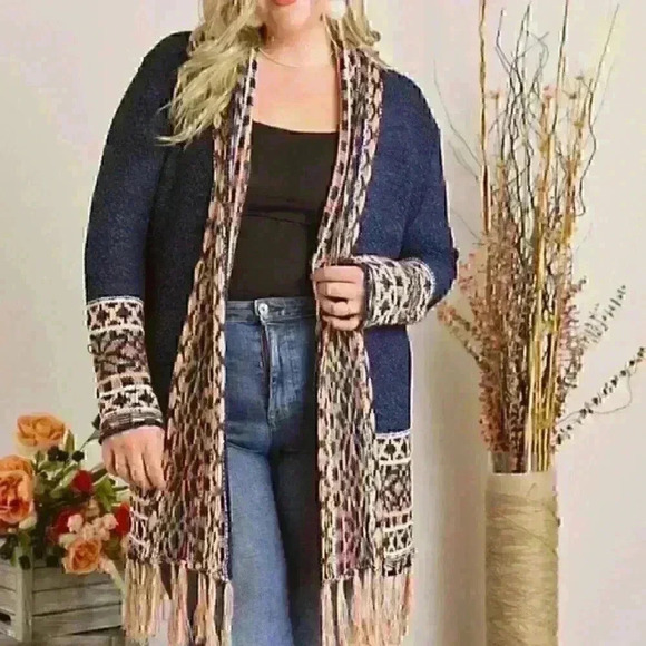 Navy Tribal Fringe Sweater Kimono - Picture 1 of 4